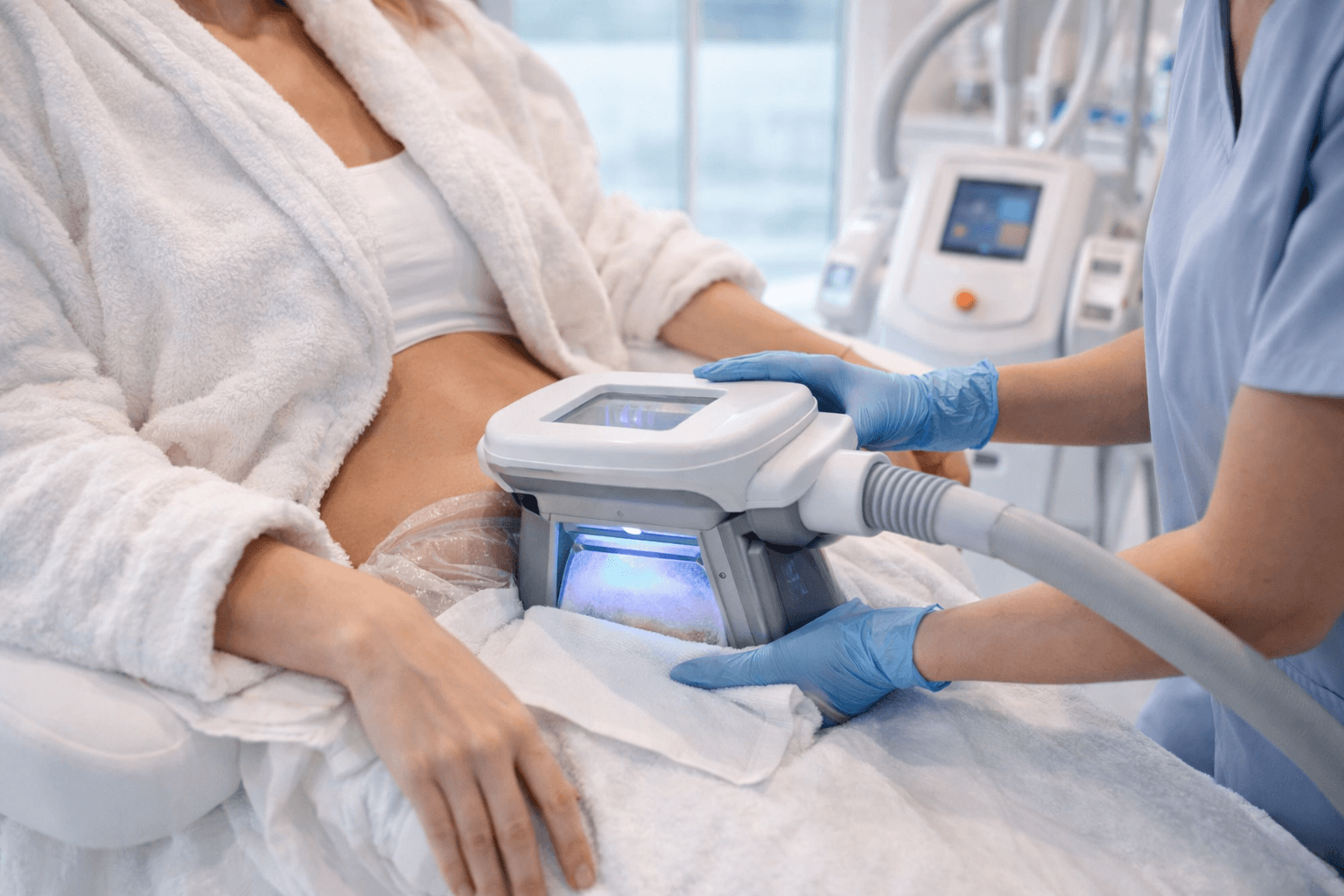 Cryolipolysis applicator using controlled cooling on the abdomen with a treatment machine in the background