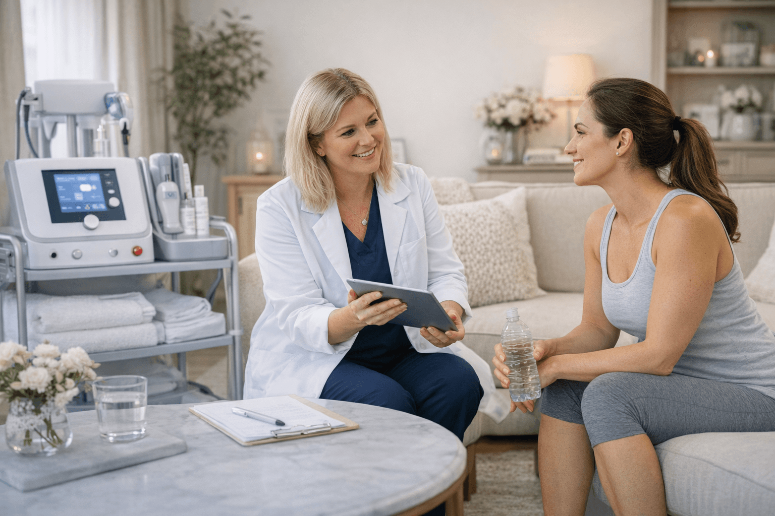 Practitioner discussing a personalised body contouring treatment plan with a client