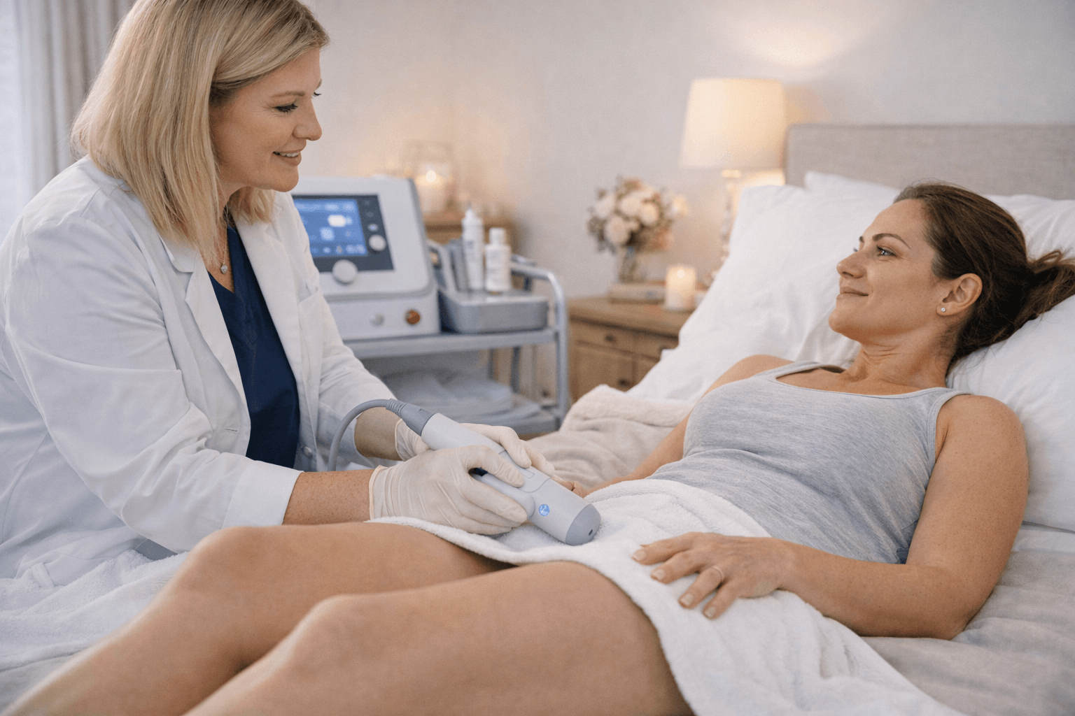 Practitioner providing a non-surgical vaginal tightening treatment with a focused ultrasound wand