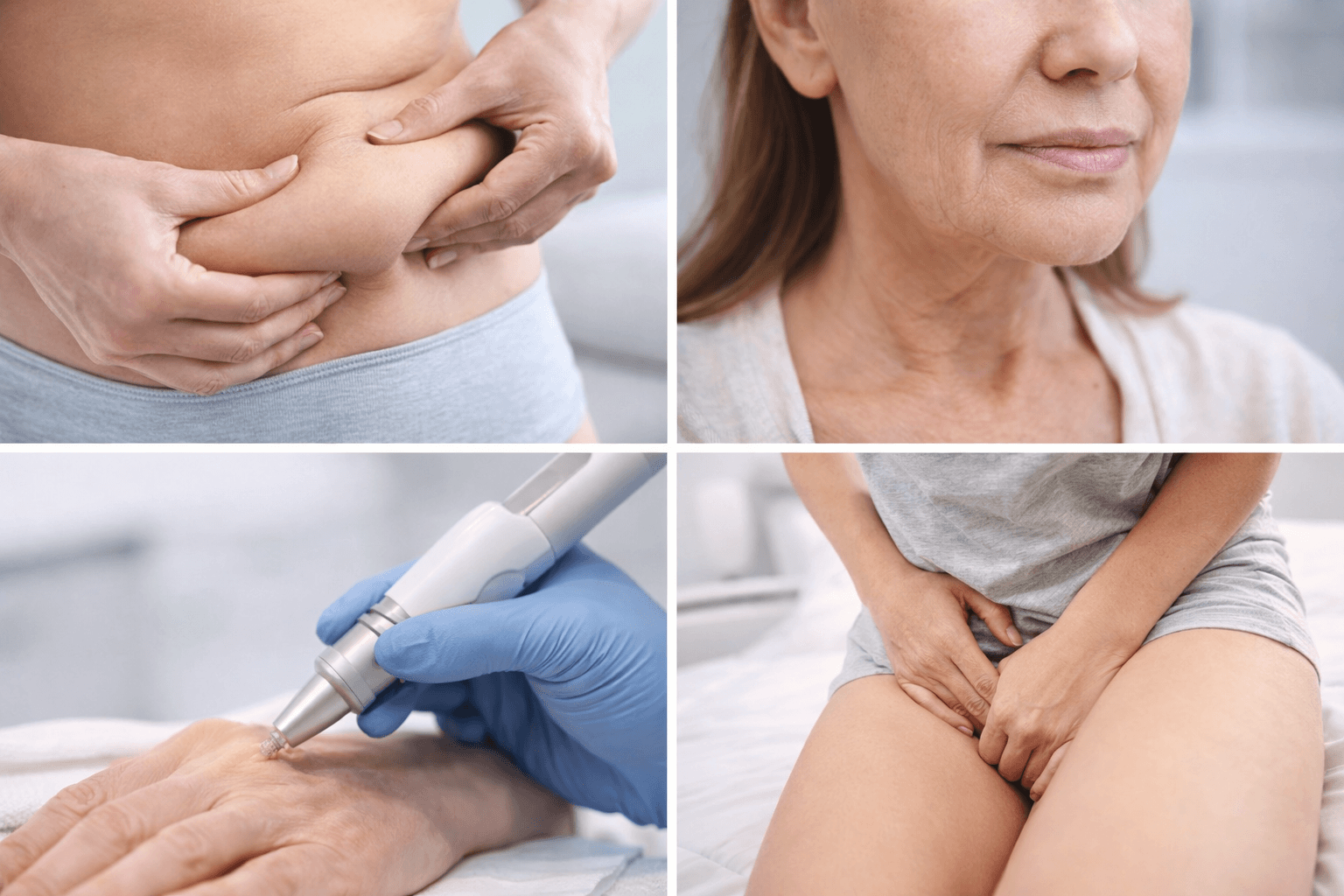 Treatment collage showing a HIFEM body toning applicator positioned across the abdomen